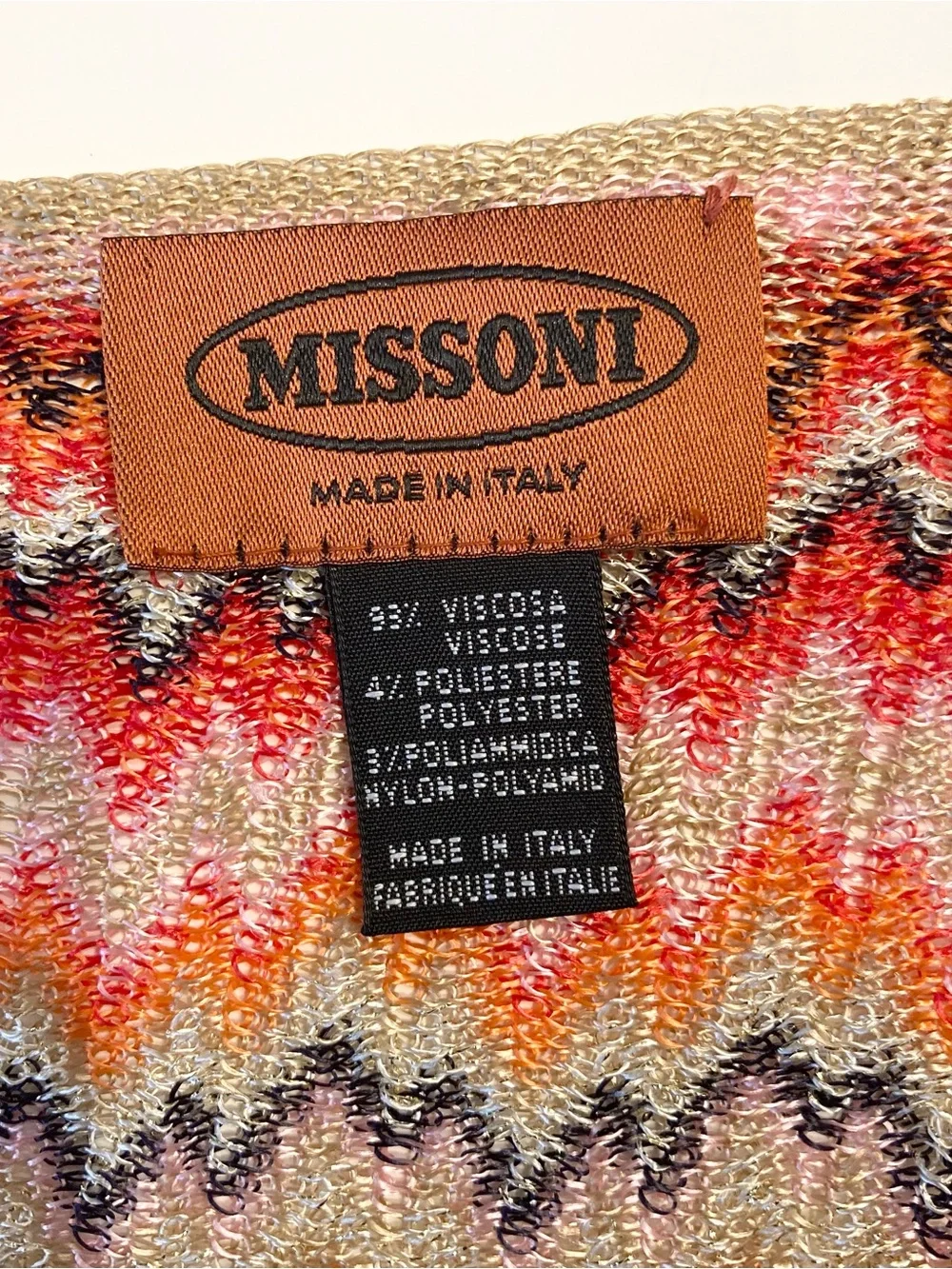 MISSONI Scarf 12.5”x76”ITALY Chevron ZigZag Silver-Lyrics Fringe Knit Multicolor